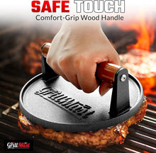 Load image into Gallery viewer, Grill Burger Press Premium Bacon Press Set: 7″ Meat Press Cast Iron for Perfectly Griddle Seared Bacon | Burger Press Cast Iron Set Includes Grill Scraper & Scrubber | Ideal Gift for Men.