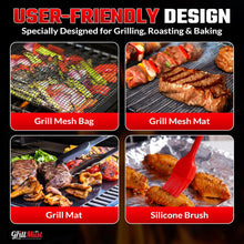 Load image into Gallery viewer, Large Grilling Bags Premium Set-2 x Mesh Grill Bags for Outdoor Grill 12x9.5″- 1 x Grill Mats - 1 x Mesh Grill Mat 16x13″ - 1 x Silicone Brush. Smoking Meat Accessories-Ideal Gifts For Men.
