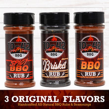 Load image into Gallery viewer, 10-42 BBQ Rub Variety Pack | 3 Great Flavors of Barbecue Rubs - BBQ, Spicy, and Brisket (No MSG) (6oz Bottles)