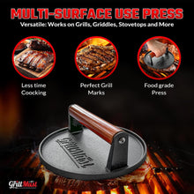 Load image into Gallery viewer, Grill Burger Press Premium Bacon Press Set: 7″ Meat Press Cast Iron for Perfectly Griddle Seared Bacon | Burger Press Cast Iron Set Includes Grill Scraper &amp; Scrubber | Ideal Gift for Men.
