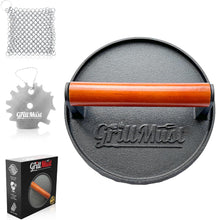 Load image into Gallery viewer, Grill Burger Press Premium Bacon Press Set: 7″ Meat Press Cast Iron for Perfectly Griddle Seared Bacon | Burger Press Cast Iron Set Includes Grill Scraper &amp; Scrubber | Ideal Gift for Men.
