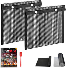 Load image into Gallery viewer, Large Grilling Bags Premium Set-2 x Mesh Grill Bags for Outdoor Grill 12x9.5″- 1 x Grill Mats - 1 x Mesh Grill Mat 16x13″ - 1 x Silicone Brush. Smoking Meat Accessories-Ideal Gifts For Men.
